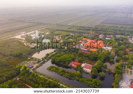 Aerial view of Truc Lam Chanh Giac Monastery in Tien Giang province, Vietnam. Travel and religious concept.