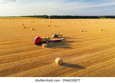 Aerial view of truck with hay bales. Agricultural machinery. Chamfered field and hay stacks after harvesting grain crops at sunset. Top View. Tractor loads bales of hay on truck with trailer. Harvest - Powered by Shutterstock