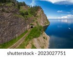 Aerial view of the tunnel in the rock. Circum-Baikal Railway