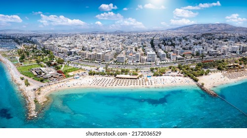 Aerial view of the turquoise sea at Kalamaki Beach, south Athens riviera coast, Greece, during summer time - Shutterstock ID 2172036529