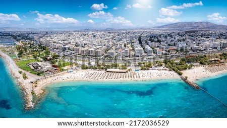 Aerial view of the turquoise sea at Kalamaki Beach, south Athens riviera coast, Greece, during summer time