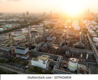 Aerial View Of Twilight Of Oil Refinery ,Shot From Drone Of Oil Refinery And Petrochemical Plant At Dusk , Bangkok, Thailand