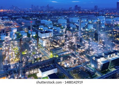 Aerial view of twilight of oil refinery ,Shot from drone of Oil refinery and Petrochemical plant at dusk, Bankok, Thailand