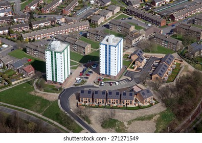 Aerial View Of Two Blocks Of Flats In Sheffield, And New Housing