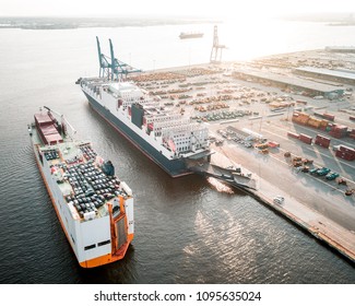 Aerial View Of Two Roll On Roll Off Ships In Baltimore Harbor