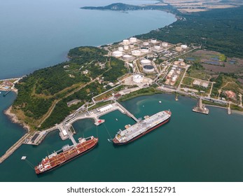 An aerial view of two tankers near an oil storage facility on the shores of the Black Sea in Bulgaria, showcasing the maritime industry and coastal infrastructure - Shutterstock ID 2321152791