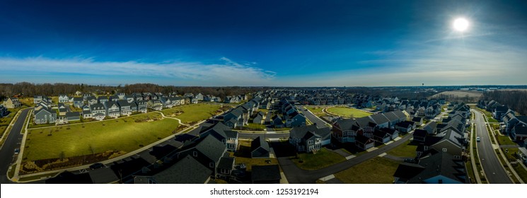 Aerial View Of Typical American Colonial Single Family Luxury Home Real Estate For Upper Middle Class Families In The USA