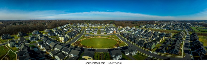 Aerial View Of Typical American Colonial Single Family Luxury Home Real Estate For Upper Middle Class Families In The USA