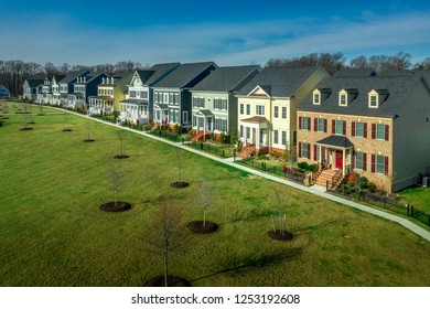 Aerial View Of Typical American Colonial Single Family Luxury Home Real Estate For Upper Middle Class Families In The USA