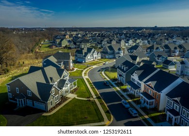 Aerial View Of Typical American Colonial Single Family Luxury Home Real Estate For Upper Middle Class Families In The USA