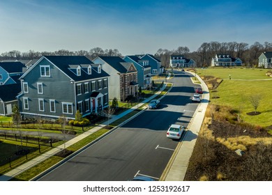 Aerial View Of Typical American Colonial Single Family Luxury Home Real Estate For Upper Middle Class Families In The USA