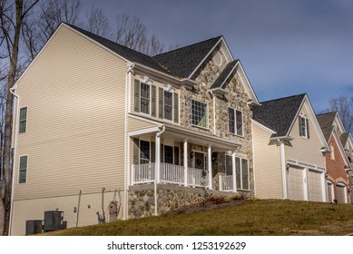 Aerial View Of Typical American Colonial Single Family Luxury Home Real Estate For Upper Middle Class Families In The USA