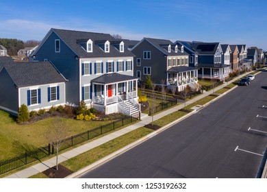 Aerial View Of Typical American Colonial Single Family Luxury Home Real Estate For Upper Middle Class Families In The USA