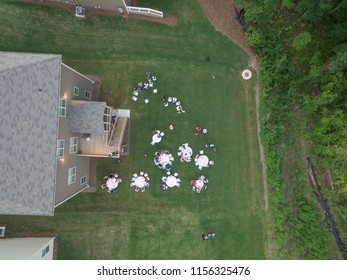 Aerial View Of Typical Backyard Family Gathering In Southern United States  