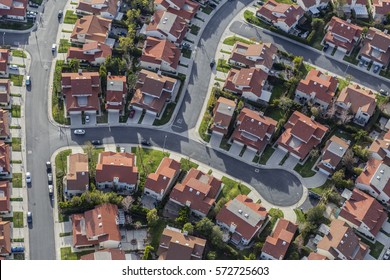 Aerial View Of Typical Suburban Cul De Sac Street In The San Fernando Valley Region Of Southern California.  