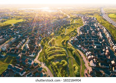 Aerial view of uk home newly built estate development masterplan landscape in England, - Shutterstock ID 1832184904