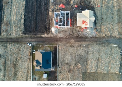 Aerial View Of Unfinished Frame Of Private House Foundation Under Construction.