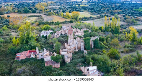 Aerial view of uninhabited Oteruelo village in the Ocón Valley within the Autonomous Community of La Rioja, Spain, Europe - Shutterstock ID 1839502843
