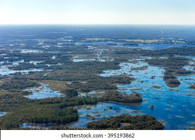 Aerial view of uninhabited rural wild natural Florida marsh wetland landscape