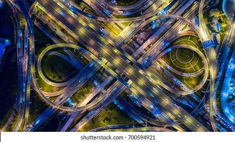 Aerial view of a Unique City Roads and Interchanges, Bangkok Expressway top view, Top view over the highway, expressway and motorway at night Aerial view from drone