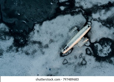 Aerial view of United States Navy DC plane wreck on the black beach at Sólheimasandur, in the South Coast of Iceland.