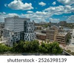 Aerial view of University of Baltimore Law School, Lyric Theater downtown Baltimore cloudy blue sky