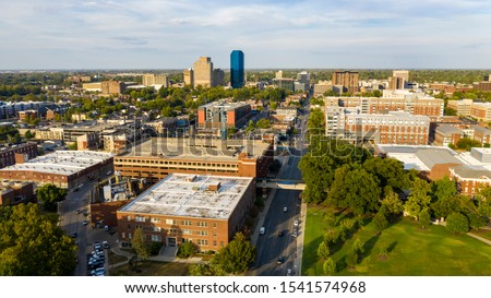 Aerial view university campus area looking into the city center urban core of downtown Lexington KY