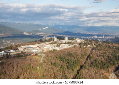 Aerial View Of University Campus On Top Of Burnaby Mountain. Taken In Greater Vancouver, British Columbia, Canada.