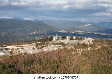 Aerial View Of University Campus On Top Of Burnaby Mountain. Taken In Greater Vancouver, British Columbia, Canada.