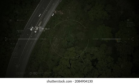 Aerial View Of Unmanned Aerial Vehicle UAV Or Reconnaissance Drone Monitoring Highway Traffic Tracking And Targeting Suspect Moving Vehicle