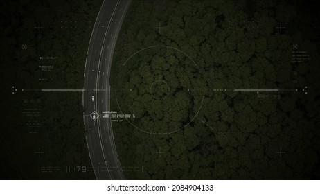 Aerial View Of Unmanned Aerial Vehicle UAV Or Reconnaissance Drone Monitoring Highway Traffic Tracking And Targeting Suspect Moving Vehicle