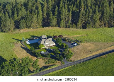 Aerial View Of Upscale Farm House In Eastern Washington State