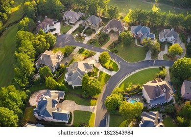 Aerial view of an upscale sub division in suburbs shot during sunset