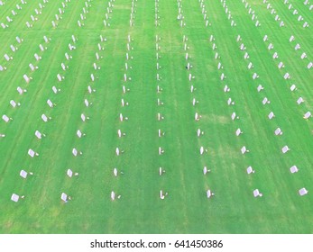 Aerial View Of US Military Cemetery In Houston, Texas, US. Endless Row Of White Marble Gravestones, Grave Markers With Flags And Flowers On Memorial Day To Honor Fallen Heroes In War, Military Service