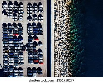 Aerial View Of Used Cars Lined Up In The Port For Import And Export.