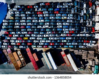 Aerial View Of Used Cars Lined Up In The Port For Import And Export.