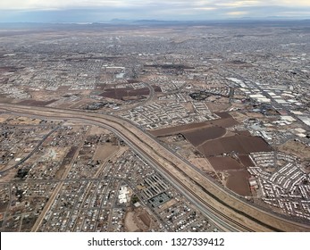 An Aerial View Of The US-Mexico Border Near El Paso, Texas And Ciudad Juárez, Mexico.