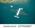 Aerial view of the USS Arizona Memorial at Ford Island, Joint Base Pearl Harbor-Hickam, Hawaii Oct. 11, 2023. 