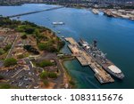 Aerial view of USS Missouri (BB-63) battleship and USS Arizona Memorial, World War II Valor In The Pacific National Monument in Pearl Harbor Honolulu Hawaii