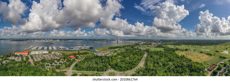 Aerial View Of The USS Yorktown Aircraft Carrier, Laffey Destroyer And Clamagore Submarine Docked Permanently At Patriots Point In Mount Pleasant, Charleston South Carolina