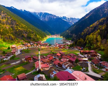 Aerial view to the Uzungol lake famous tourist destination in summer in city of Trabzon Turkey