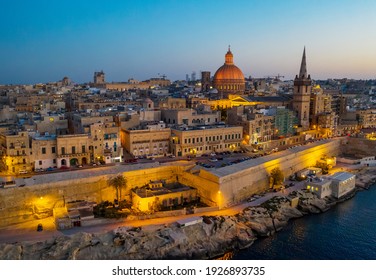 Aerial View Of Valletta Skyline, Evening, Night. Malta Island