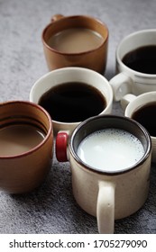 Aerial View Of Various Coffee, Beautiful Cups Of Different Sizes Filled With Delicious Coffees, Copy Space, Topview.