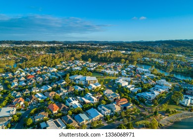 Aerial View Of Varsity Lakes Suburb At Sunset. Gold Coast, Queensland, Australia