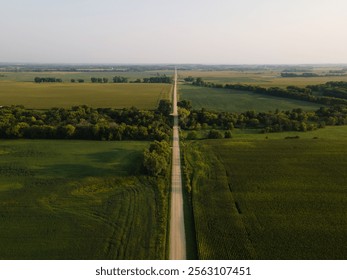 Aerial view of vast rolling farmland with golden fields, intersecting dirt paths and a distant barn under a clear sky - Powered by Shutterstock