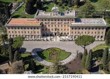 Aerial view of the Vatican City's Governor's Palace (Palazzo del Governatorato in Vaticano), the building is the seat of the Pontifical Commission for Vatican City State in the Vatican Gardens