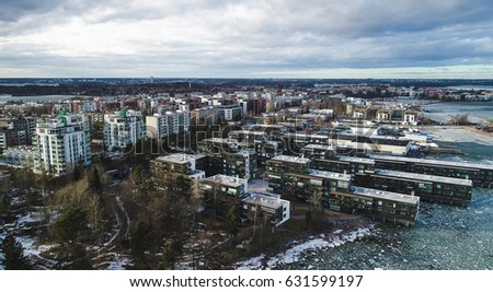 Aerial view of vattuniemi, on a sunny winter day, in Lauttasaari, Helsinki, Finland