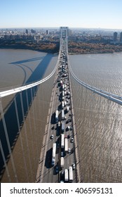 Aerial View Of Vehicle Traffic Crossing The George Washington Bridge, New York City