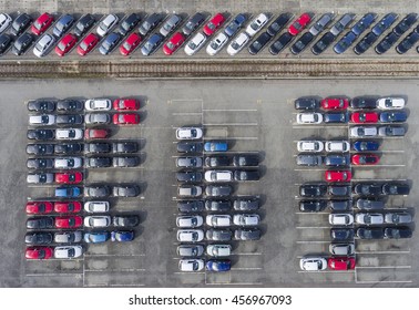 Aerial View Lot Of Vehicles On Parking For New Car. 