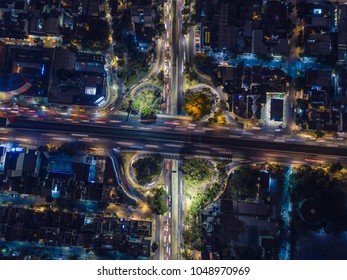 Aerial View Of The Vehicular Intersection In Tlalpan Avenue In Mexico City At Night